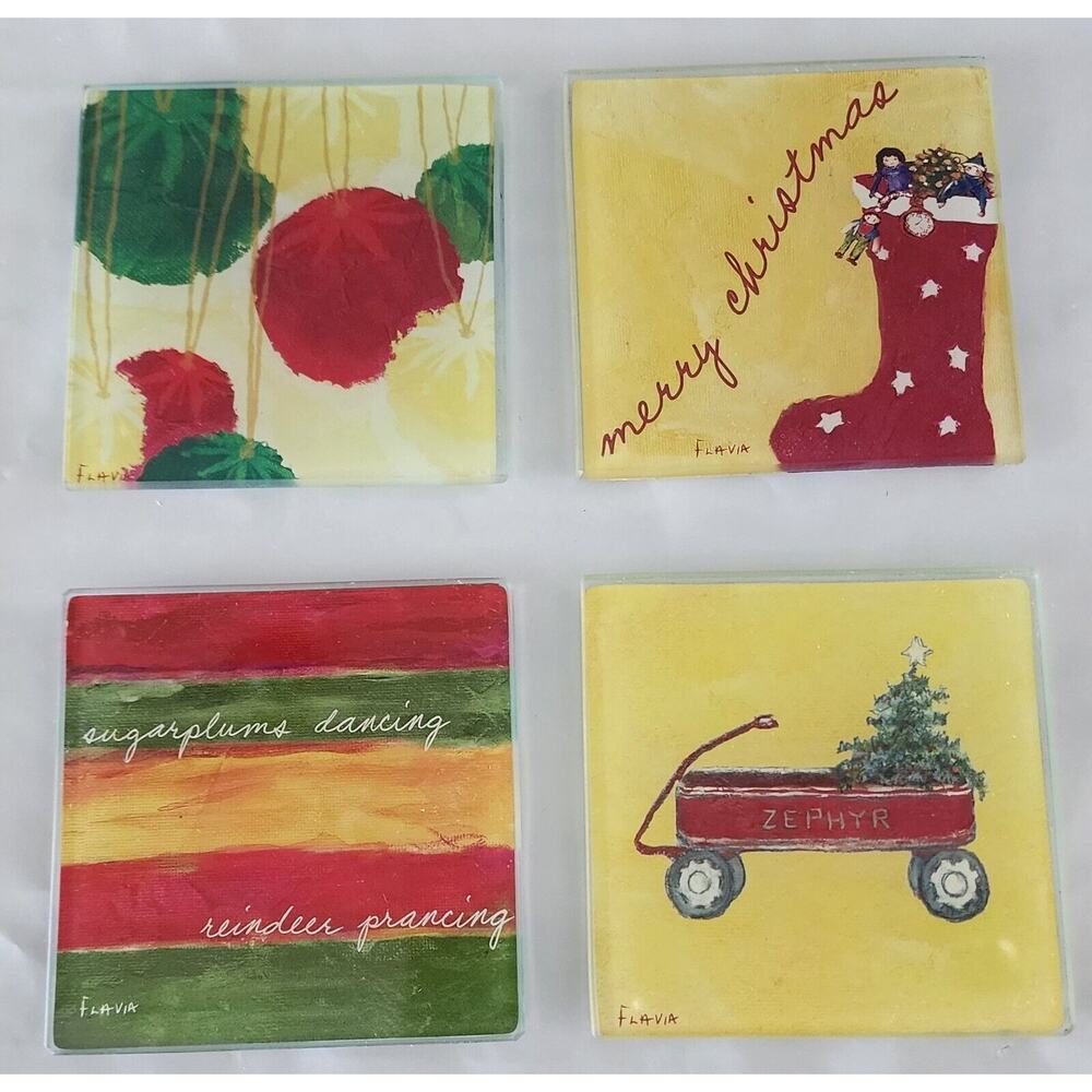FLAVIA WEEDN Christmas Holiday Glass Coasters Set of 4 in Box